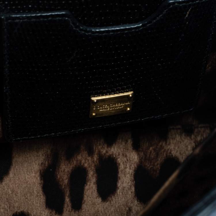 Pre Owned Dolce & Gabbana Black Lizard Embossed Leather Small Miss Monica Top Handle Bag