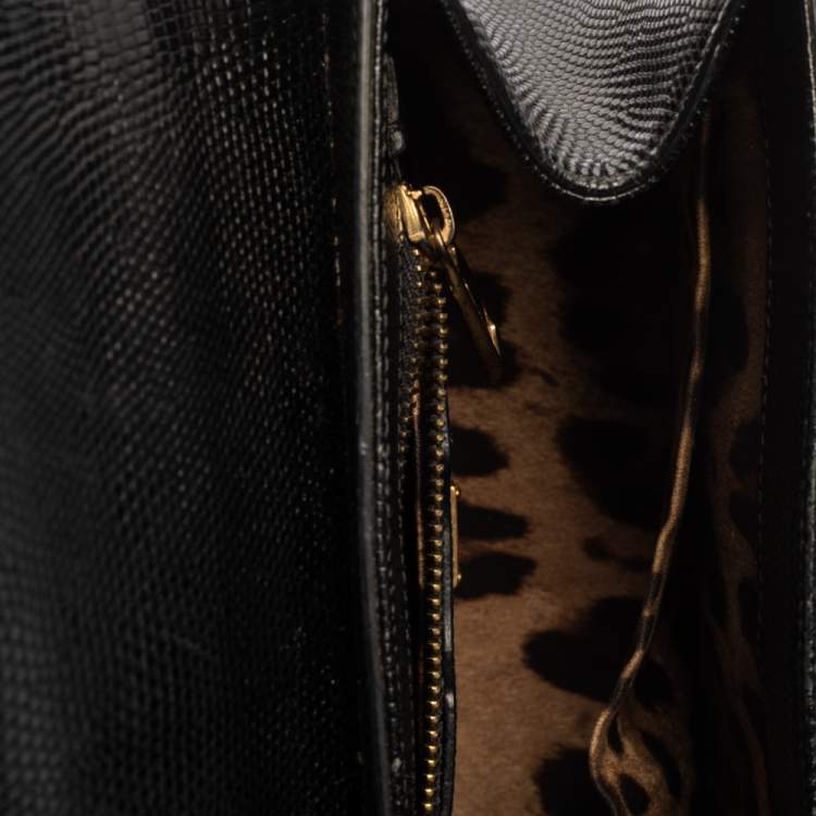Pre Owned Dolce & Gabbana Black Lizard Embossed Leather Small Miss Monica Top Handle Bag