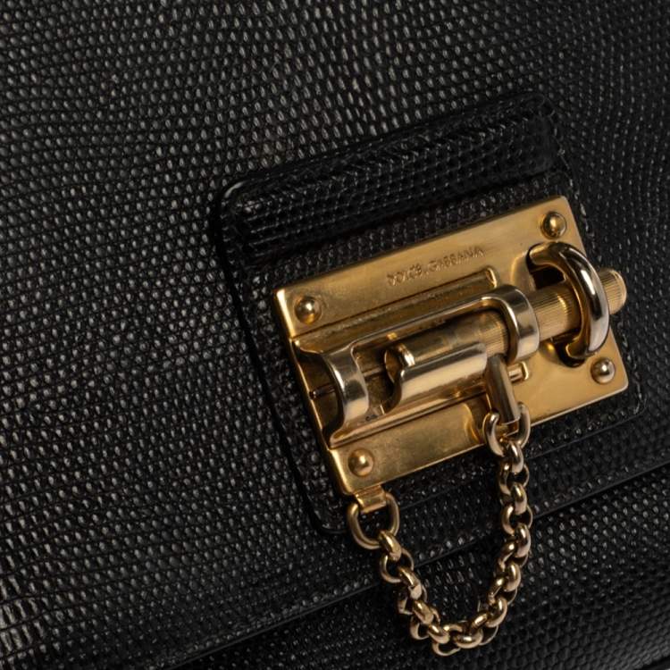 Pre Owned Dolce & Gabbana Black Lizard Embossed Leather Small Miss Monica Top Handle Bag