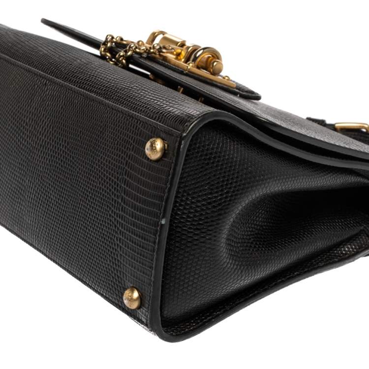 Pre Owned Dolce & Gabbana Black Lizard Embossed Leather Small Miss Monica Top Handle Bag