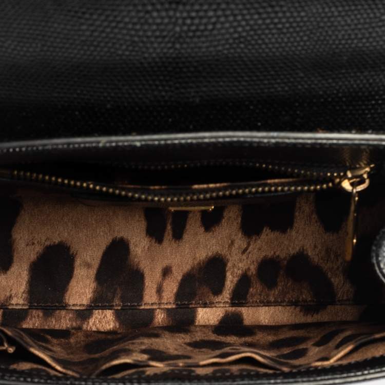 Pre Owned Dolce & Gabbana Black Lizard Embossed Leather Small Miss Monica Top Handle Bag