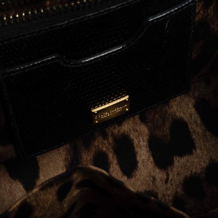 Pre Owned Dolce & Gabbana Black Lizard Embossed Leather Small Miss Monica Top Handle Bag