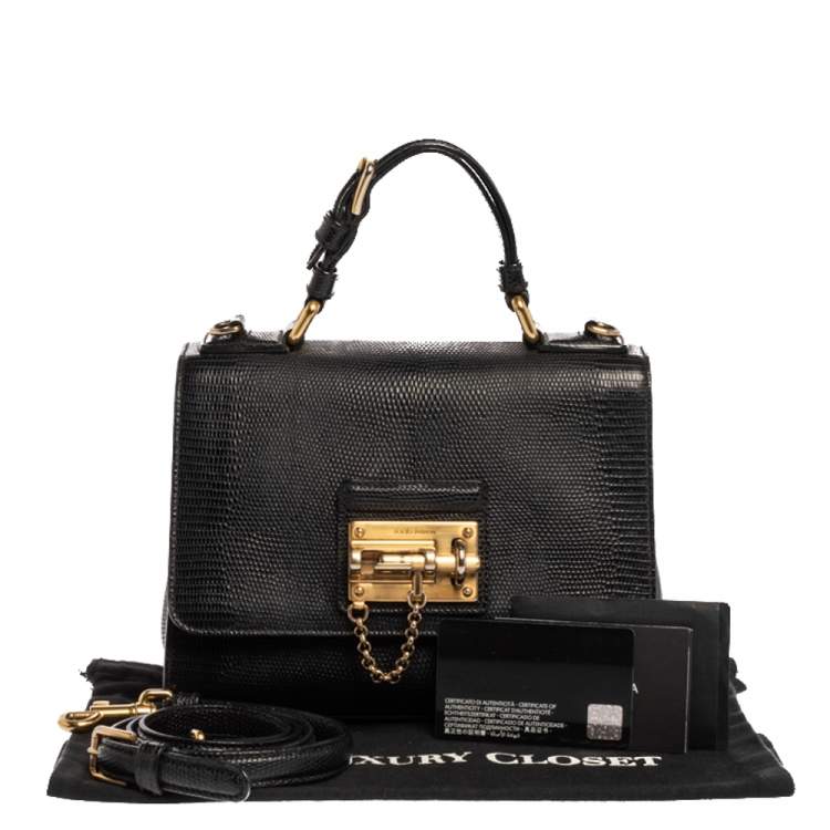 Pre Owned Dolce & Gabbana Black Lizard Embossed Leather Small Miss Monica Top Handle Bag