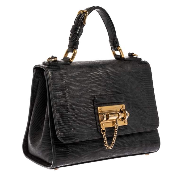 Pre Owned Dolce & Gabbana Black Lizard Embossed Leather Small Miss Monica Top Handle Bag