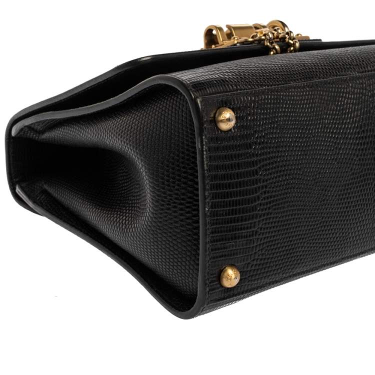 Pre Owned Dolce & Gabbana Black Lizard Embossed Leather Small Miss Monica Top Handle Bag