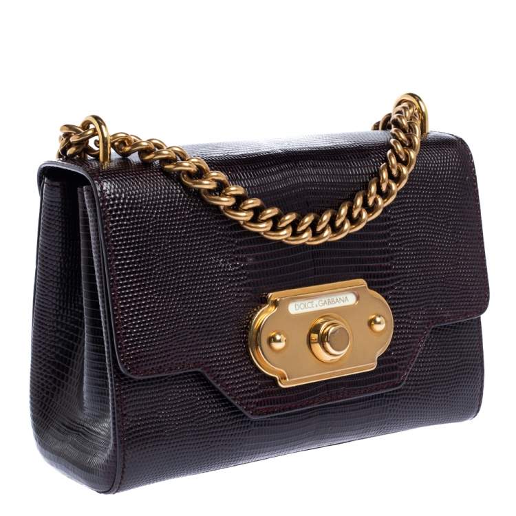 Pre Owned Dolce & Gabbana Dark Burgundy Lizard Embossed Leather Welcome Shoulder Bag