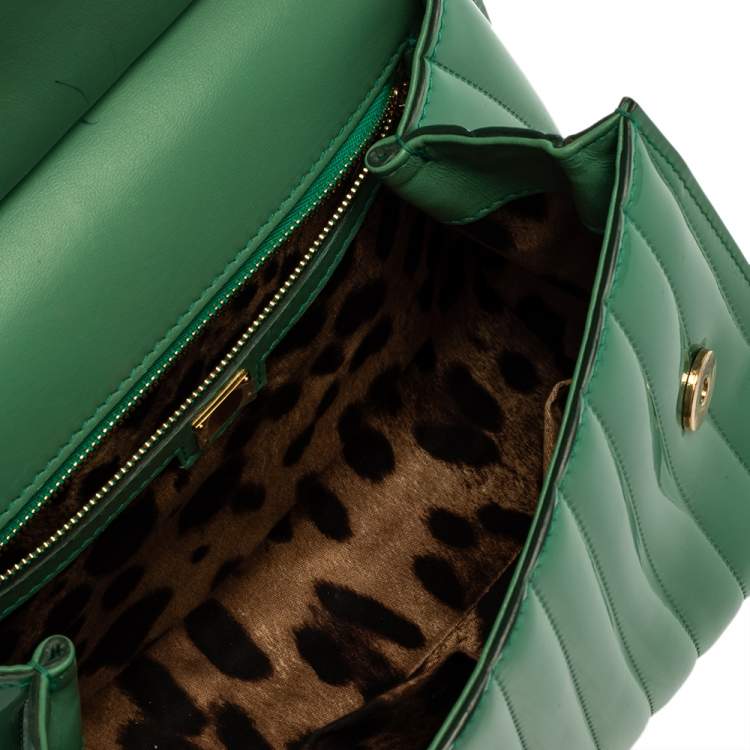 Pre Owned Dolce & Gabbana Green Stripe Patent Leather Medium Sicily Top Handle Bag