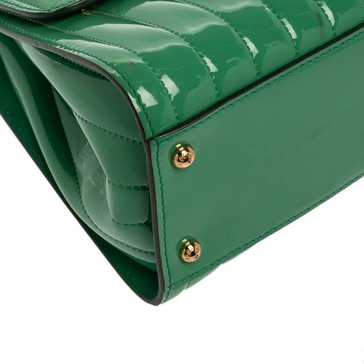 Pre Owned Dolce & Gabbana Green Stripe Patent Leather Medium Sicily Top Handle Bag