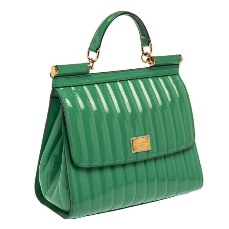 Pre Owned Dolce & Gabbana Green Stripe Patent Leather Medium Sicily Top Handle Bag