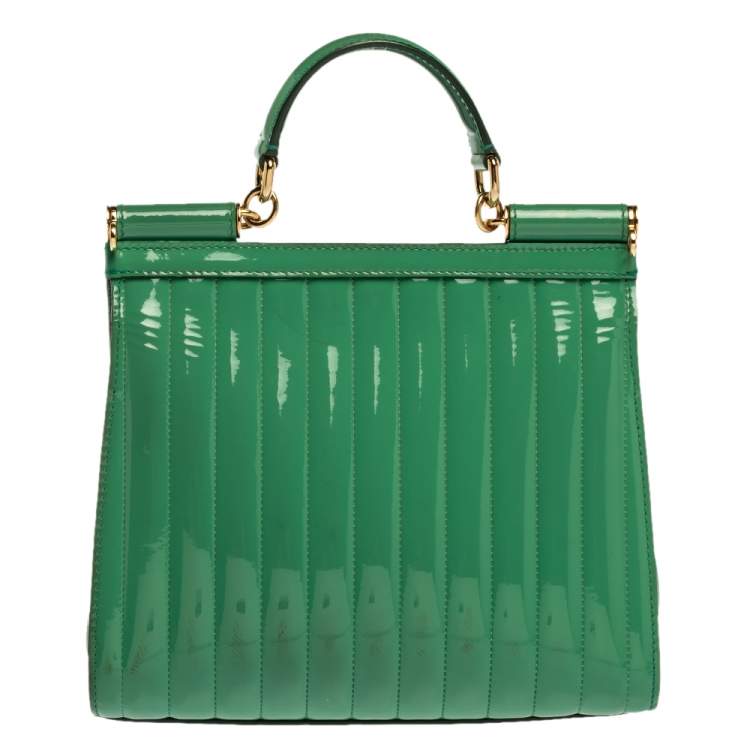 Pre Owned Dolce & Gabbana Green Stripe Patent Leather Medium Sicily Top Handle Bag
