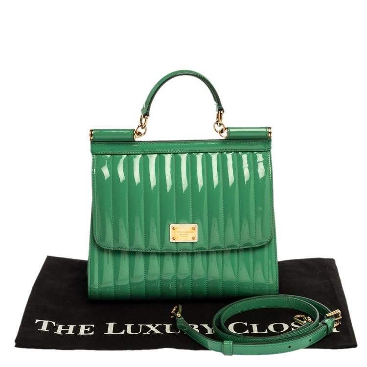 Pre Owned Dolce & Gabbana Green Stripe Patent Leather Medium Sicily Top Handle Bag