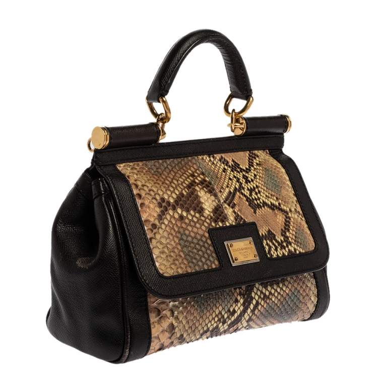 Pre Owned Dolce & Gabbana Brown Leather and Python Medium Miss Sicily Top Handle Bag