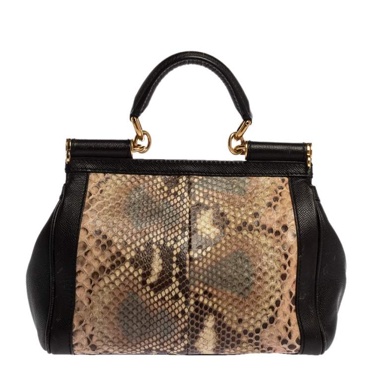 Pre Owned Dolce & Gabbana Brown Leather and Python Medium Miss Sicily Top Handle Bag