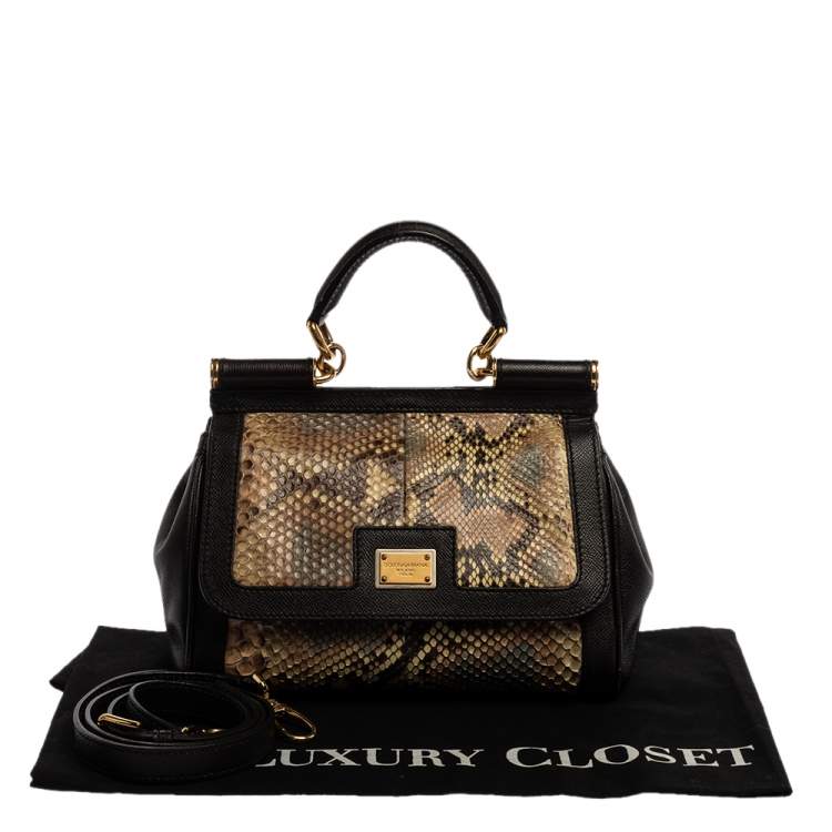 Pre Owned Dolce & Gabbana Brown Leather and Python Medium Miss Sicily Top Handle Bag