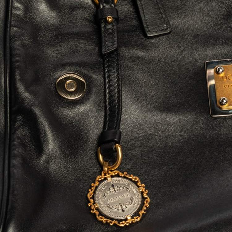 Pre Owned Dolce & Gabbana Black Leather and Fox Fur Large Miss Sicily Top Handle Bag
