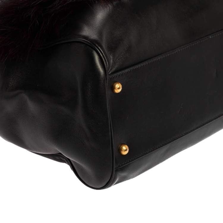 Pre Owned Dolce & Gabbana Black Leather and Fox Fur Large Miss Sicily Top Handle Bag