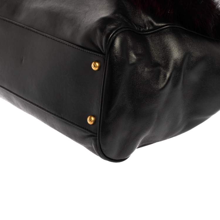Pre Owned Dolce & Gabbana Black Leather and Fox Fur Large Miss Sicily Top Handle Bag