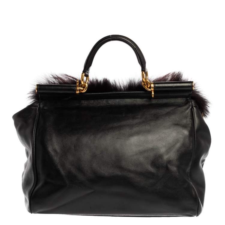 Pre Owned Dolce & Gabbana Black Leather and Fox Fur Large Miss Sicily Top Handle Bag