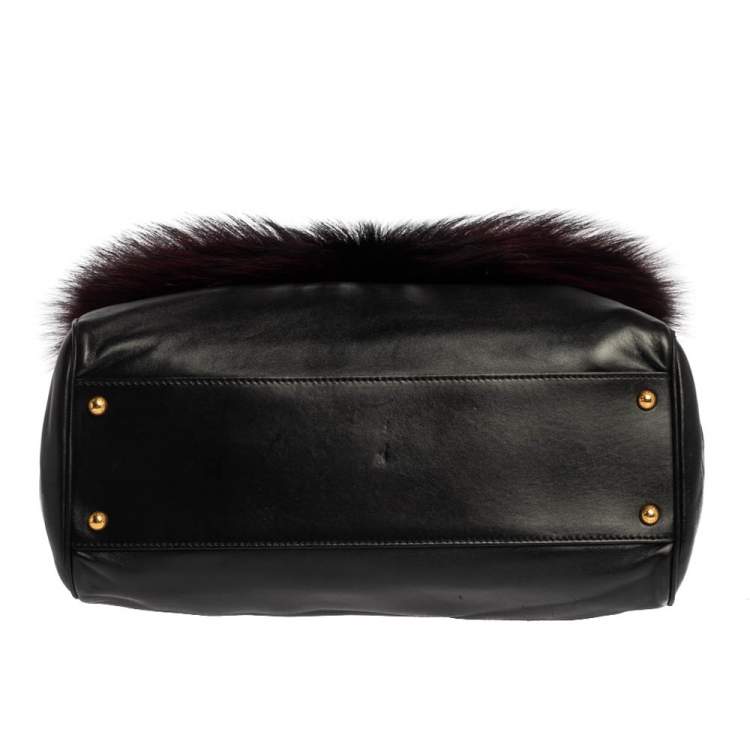 Pre Owned Dolce & Gabbana Black Leather and Fox Fur Large Miss Sicily Top Handle Bag
