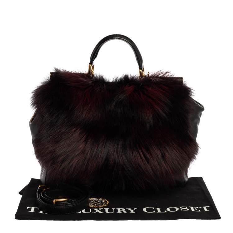 Pre Owned Dolce & Gabbana Black Leather and Fox Fur Large Miss Sicily Top Handle Bag