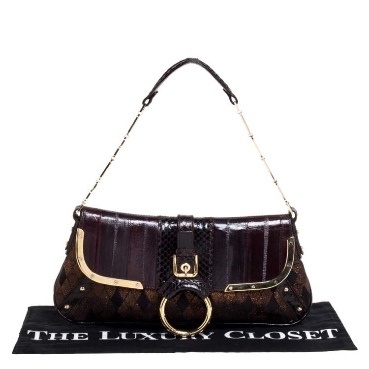 Pre Owned Dolce and Gabbana Brown/Gold Leather, Lamé Fabric and Python Ring Handle Shoulder Bag