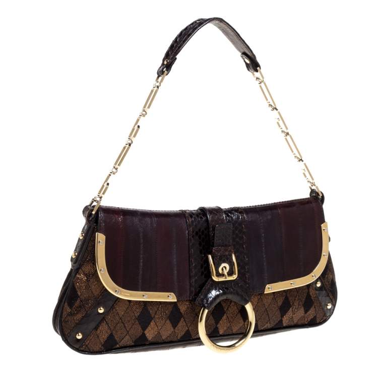 Pre Owned Dolce and Gabbana Brown/Gold Leather, Lamé Fabric and Python Ring Handle Shoulder Bag
