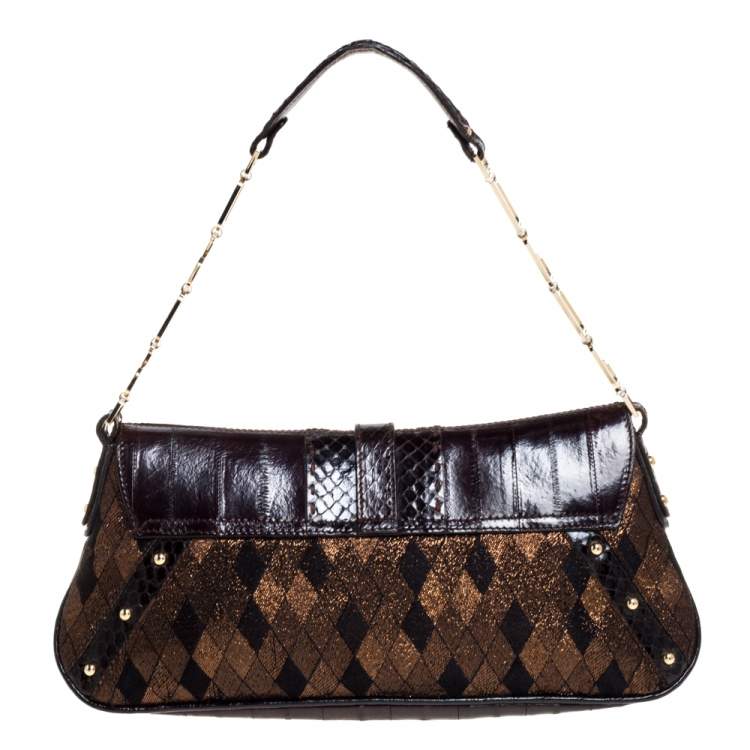 Pre Owned Dolce and Gabbana Brown/Gold Leather, Lamé Fabric and Python Ring Handle Shoulder Bag