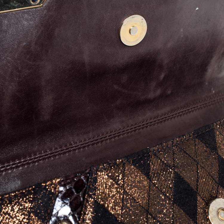Pre Owned Dolce and Gabbana Brown/Gold Leather, Lamé Fabric and Python Ring Handle Shoulder Bag
