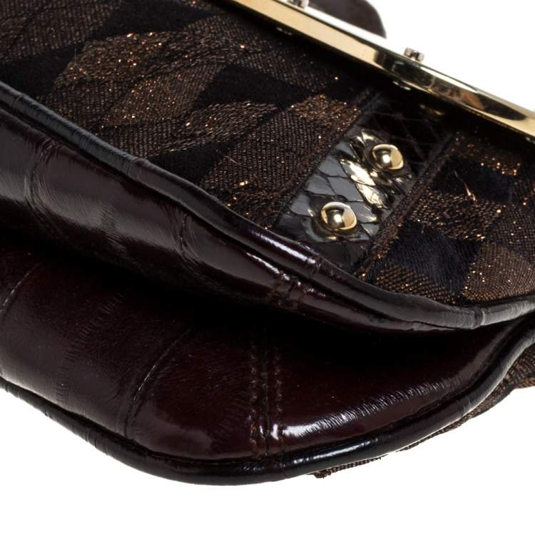 Pre Owned Dolce and Gabbana Brown/Gold Leather, Lamé Fabric and Python Ring Handle Shoulder Bag