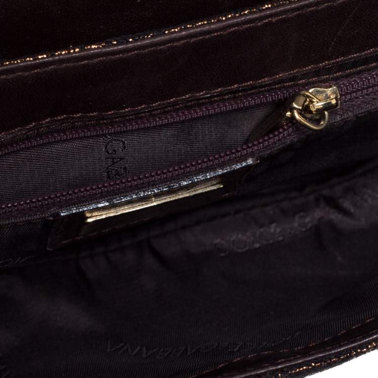Pre Owned Dolce and Gabbana Brown/Gold Leather, Lamé Fabric and Python Ring Handle Shoulder Bag