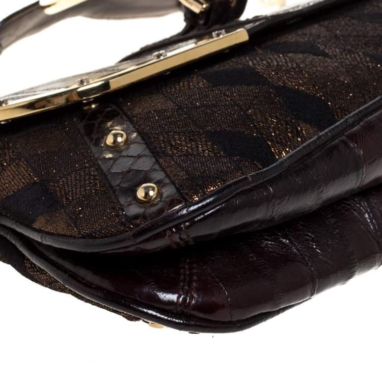 Pre Owned Dolce and Gabbana Brown/Gold Leather, Lamé Fabric and Python Ring Handle Shoulder Bag