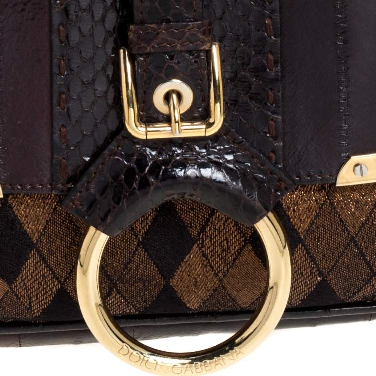 Pre Owned Dolce and Gabbana Brown/Gold Leather, Lamé Fabric and Python Ring Handle Shoulder Bag