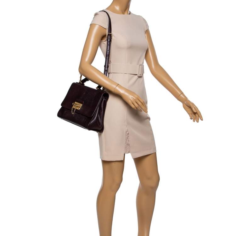 Pre Owned Dolce & Gabbana Burgundy Lizard Embossed Leather Medium Miss Monica Top Handle Bag