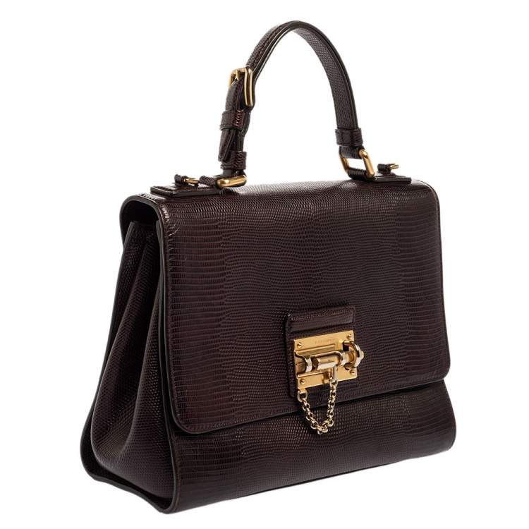 Pre Owned Dolce & Gabbana Burgundy Lizard Embossed Leather Medium Miss Monica Top Handle Bag