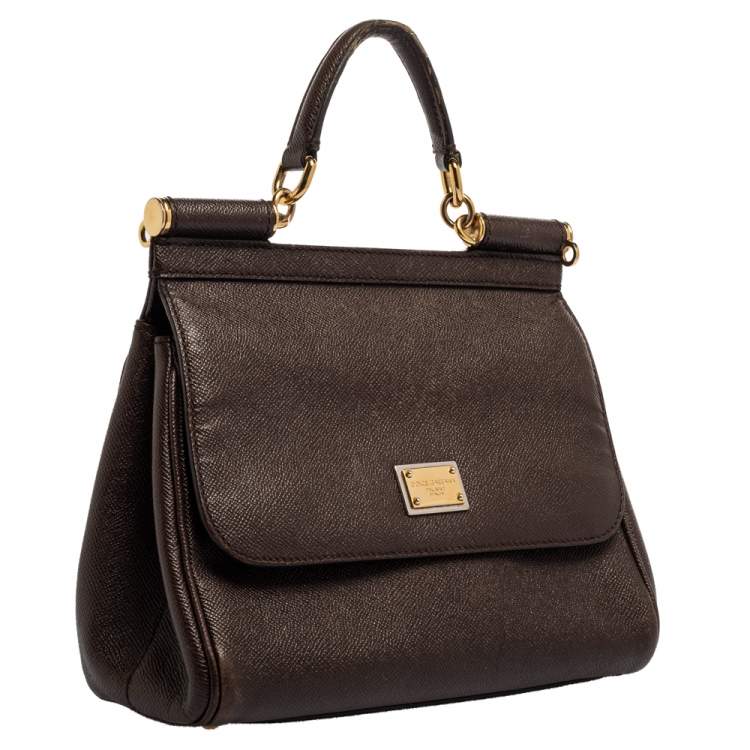 Pre Owned Dolce & Gabbana Dark Brown Leather Medium Miss Sicily Top Handle Bag