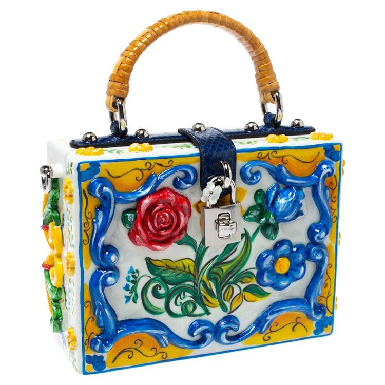 مملوكة مسبقًا Dolce & Gabbana Multicolor Majolica Print Acrylic and Snakeskin Top Handle Box Bag