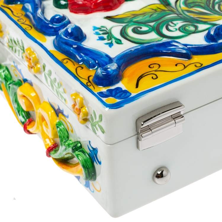 مملوكة مسبقًا Dolce & Gabbana Multicolor Majolica Print Acrylic and Snakeskin Top Handle Box Bag