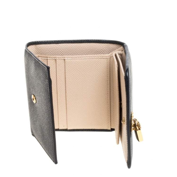 Pre Owned Dolce & Gabbana Black Leather Padlock Trifold Compact Wallet