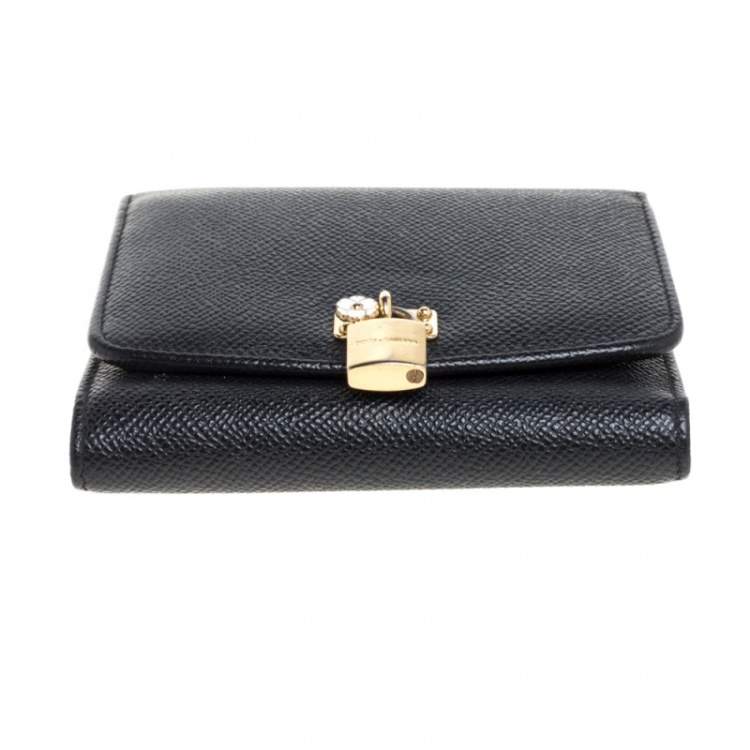 Pre Owned Dolce & Gabbana Black Leather Padlock Trifold Compact Wallet