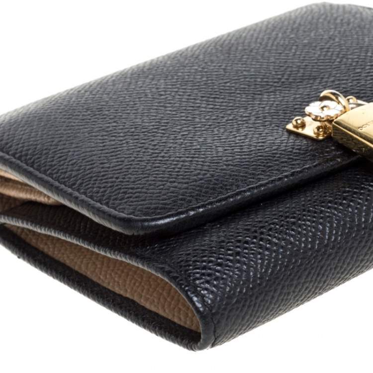 Pre Owned Dolce & Gabbana Black Leather Padlock Trifold Compact Wallet