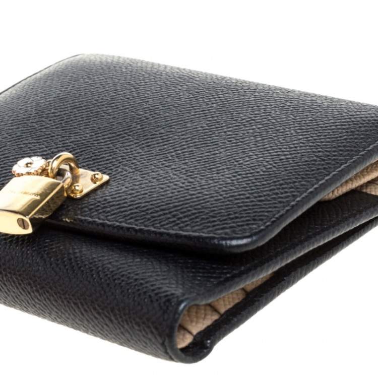Pre Owned Dolce & Gabbana Black Leather Padlock Trifold Compact Wallet
