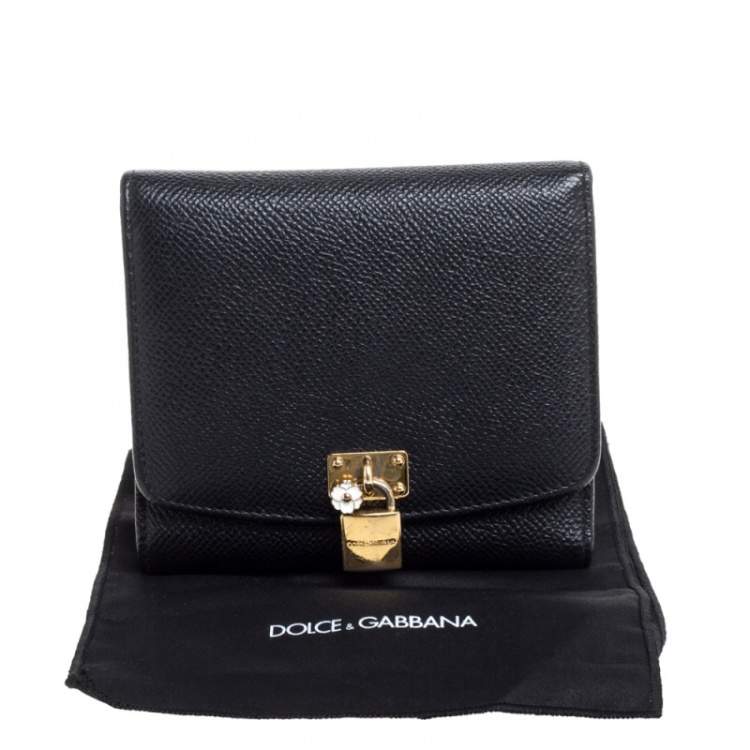 Pre Owned Dolce & Gabbana Black Leather Padlock Trifold Compact Wallet