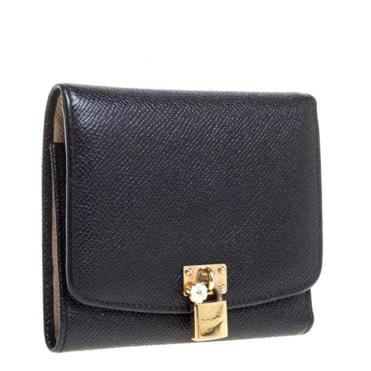 Pre Owned Dolce & Gabbana Black Leather Padlock Trifold Compact Wallet