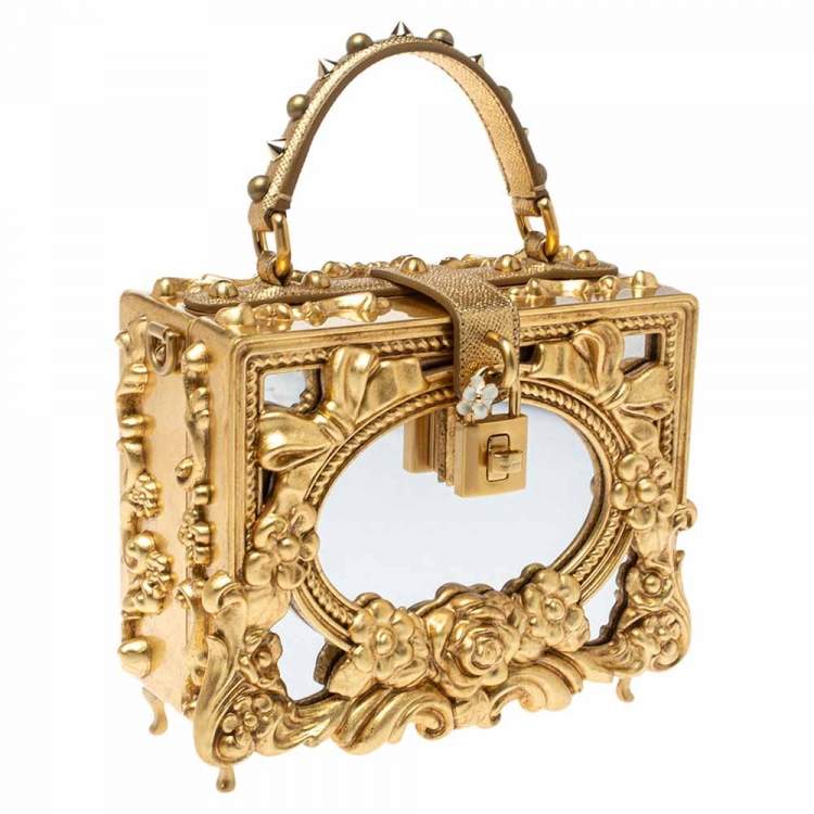 Pre Owned Dolce and Gabbana Gold Wood and Acrylic Leaf Dolce Box Bag