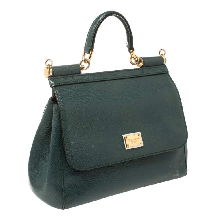 Pre Owned Dolce & Gabbana Dark Green Leather Medium Miss Sicily Top Handle Bag