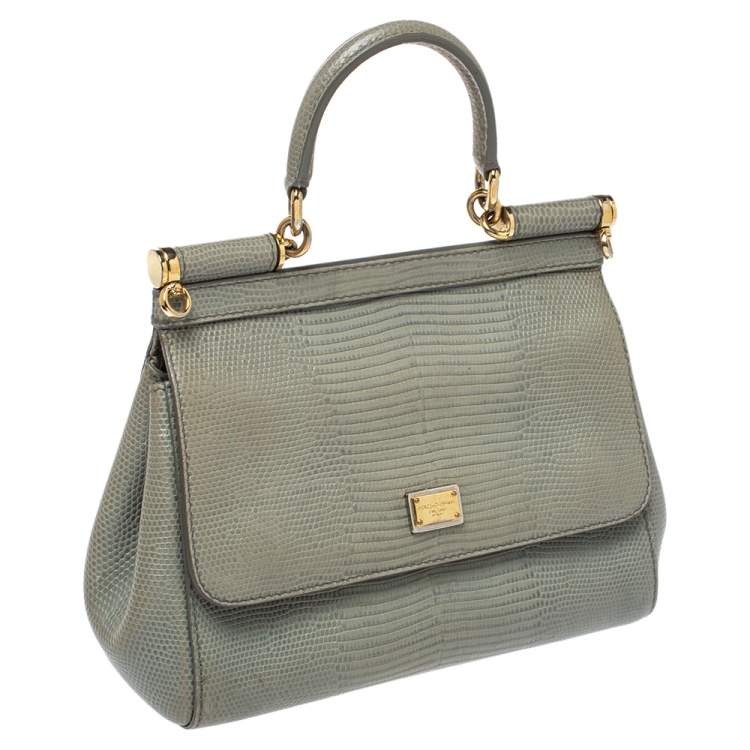 مملوكة مسبقًا Dolce & Gabbana Avocado Green Lizard Embossed Leather Small Miss Sicily Top Handle Bag
