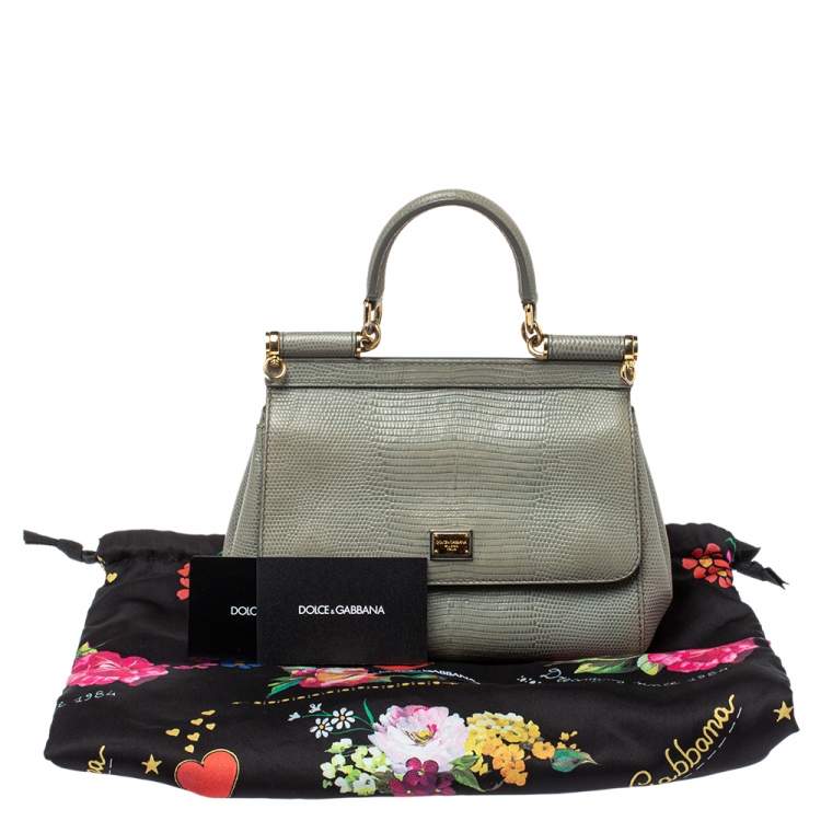 مملوكة مسبقًا Dolce & Gabbana Avocado Green Lizard Embossed Leather Small Miss Sicily Top Handle Bag