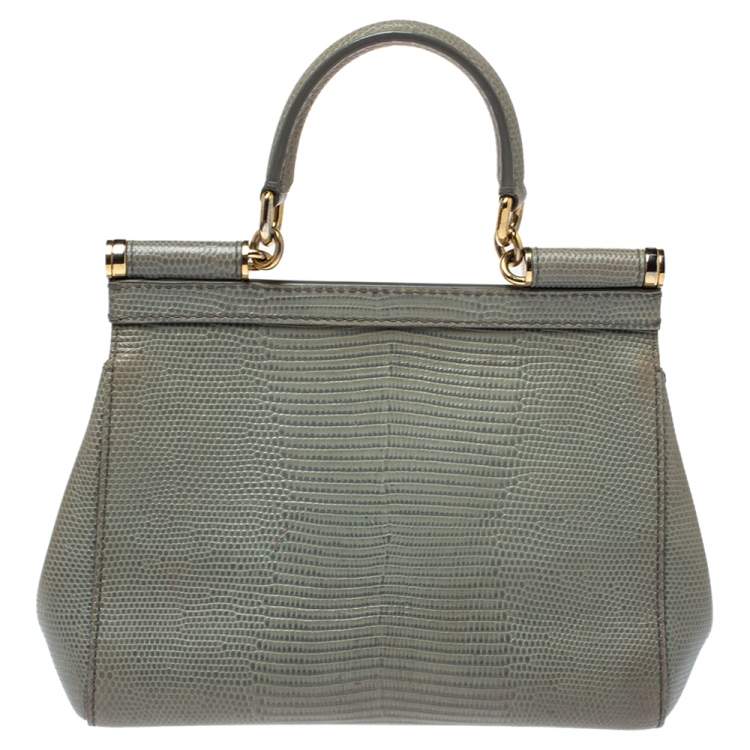 مملوكة مسبقًا Dolce & Gabbana Avocado Green Lizard Embossed Leather Small Miss Sicily Top Handle Bag