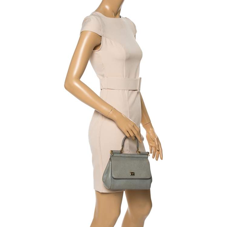 مملوكة مسبقًا Dolce & Gabbana Avocado Green Lizard Embossed Leather Small Miss Sicily Top Handle Bag