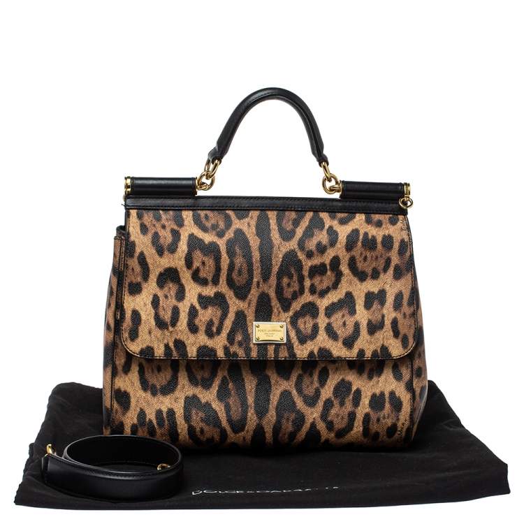 Pre Owned Dolce & Gabbana Black/Brown Leopard Print Coated Canvas and Leather Sicily Top Handle Bag